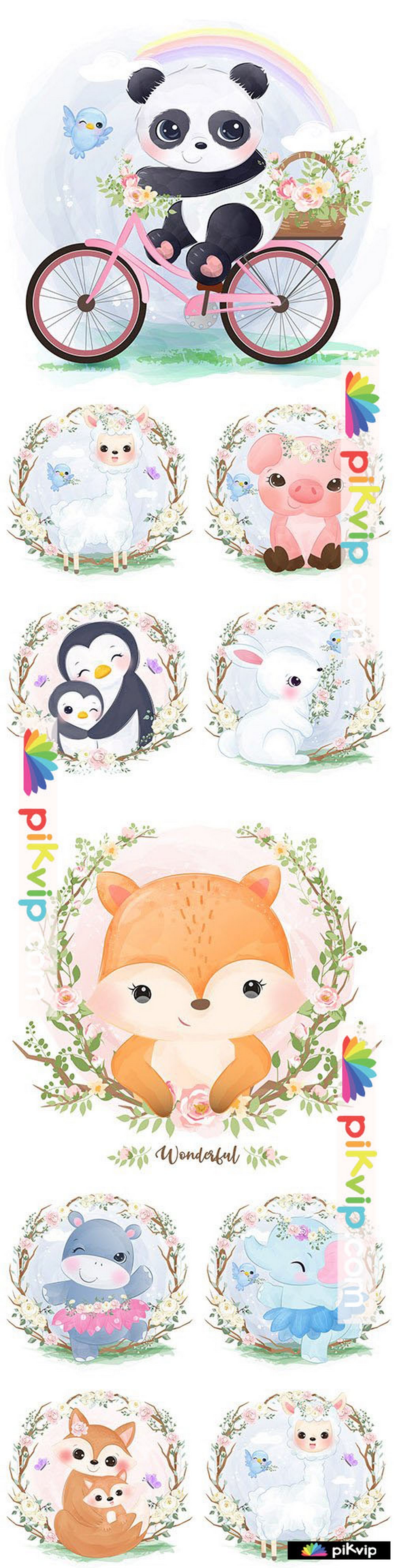Cute animal mother and baby in flower frame watercolor illustration