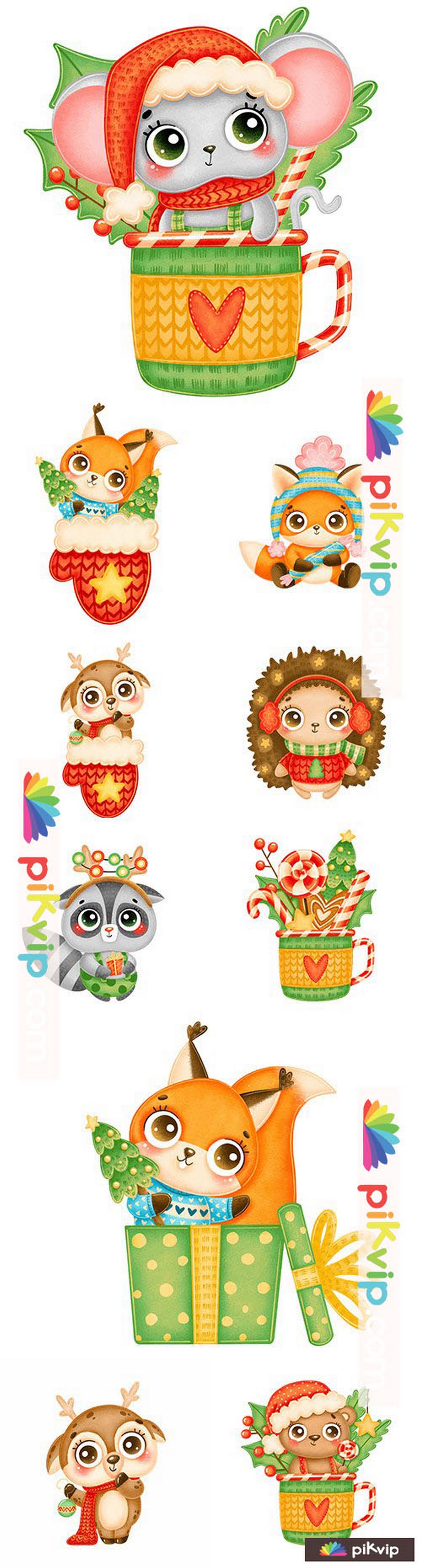 Cute cartoon animals in red hat and mittens Christmas illustrations 2