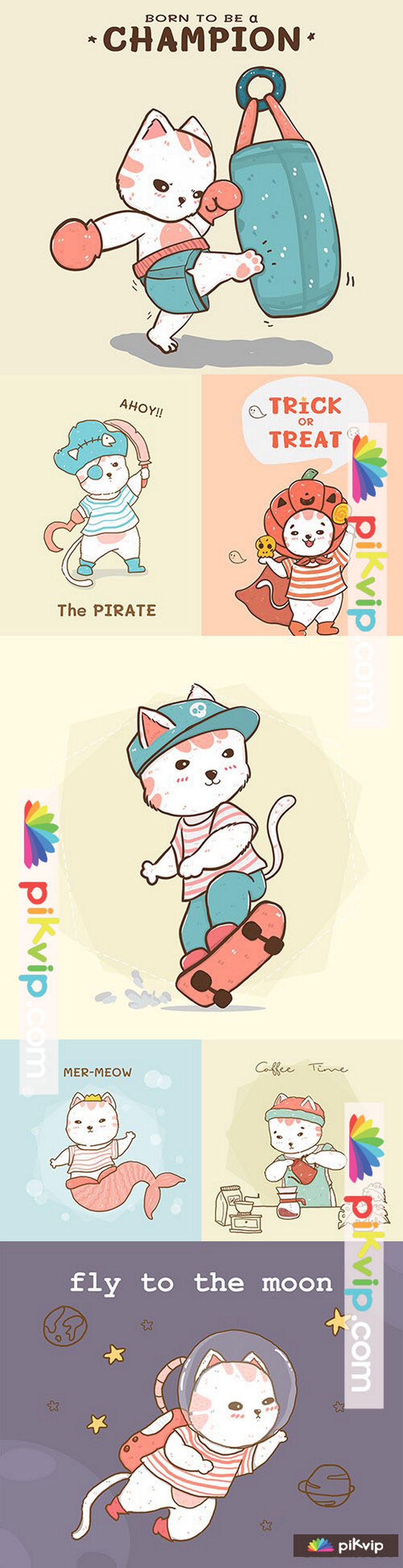 Cute cartoon cat with sports accessories flat design