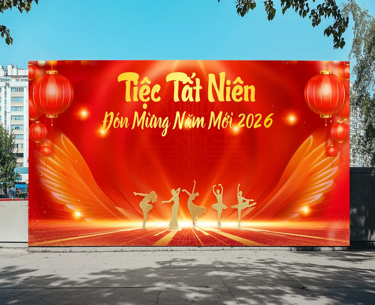 Banner Backdrop Tiệc Tất Niên Đón Mừng Năm Mới 2026 Rực Rỡ Đèn Lồng Và ...